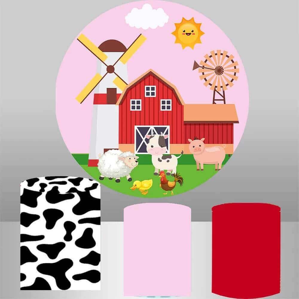 A farm scene event backdrop showcasing a red barn, windmill, and various barnyard animals including a cow, pig, sheep, duck, and rooster, set against a pastoral landscape, ideal for country-themed events and children's parties.