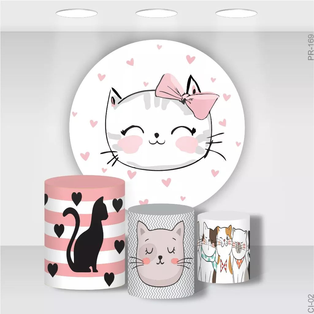 Cute Cat Birthday Party Round Backdrop