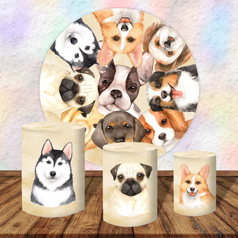Cute Dogs Watercolor Birthday Round Backdrop