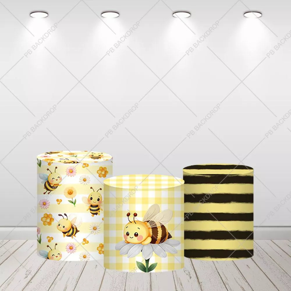 Cute Plaid Gingham Bumblebee Party Round Backdrop