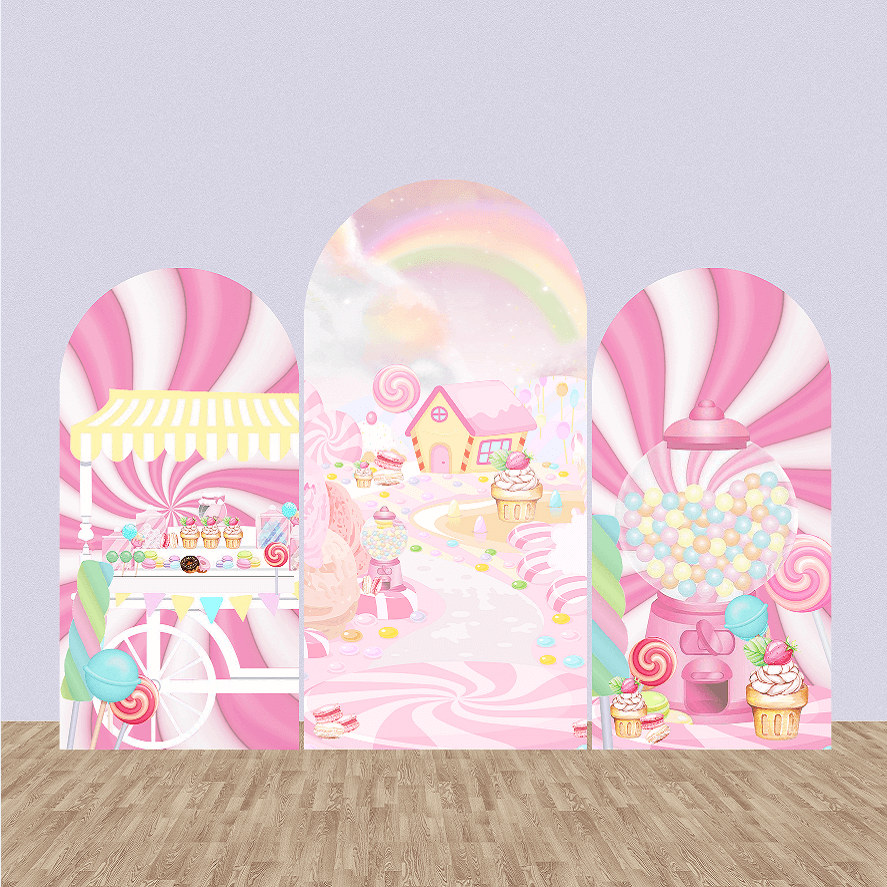Set of three arched backdrops featuring a candy shop cart, a pink candyland pathway with a rainbow, and a giant gumball machine with cupcakes, perfect for kids’ candy-themed parties.