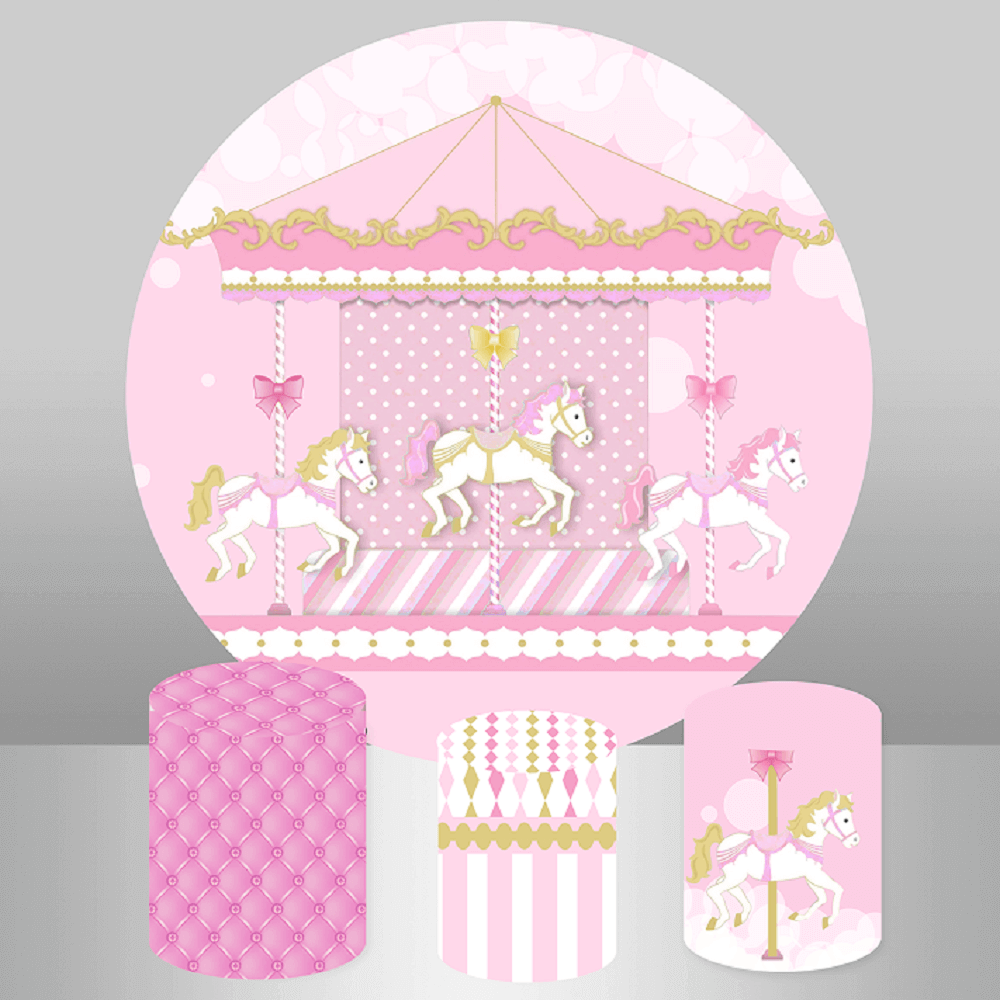 A pink carousel-themed party decor set featuring a circular backdrop with elegant horses and gold accents, along with three matching cylinder covers with tufted, geometric, and carousel designs.