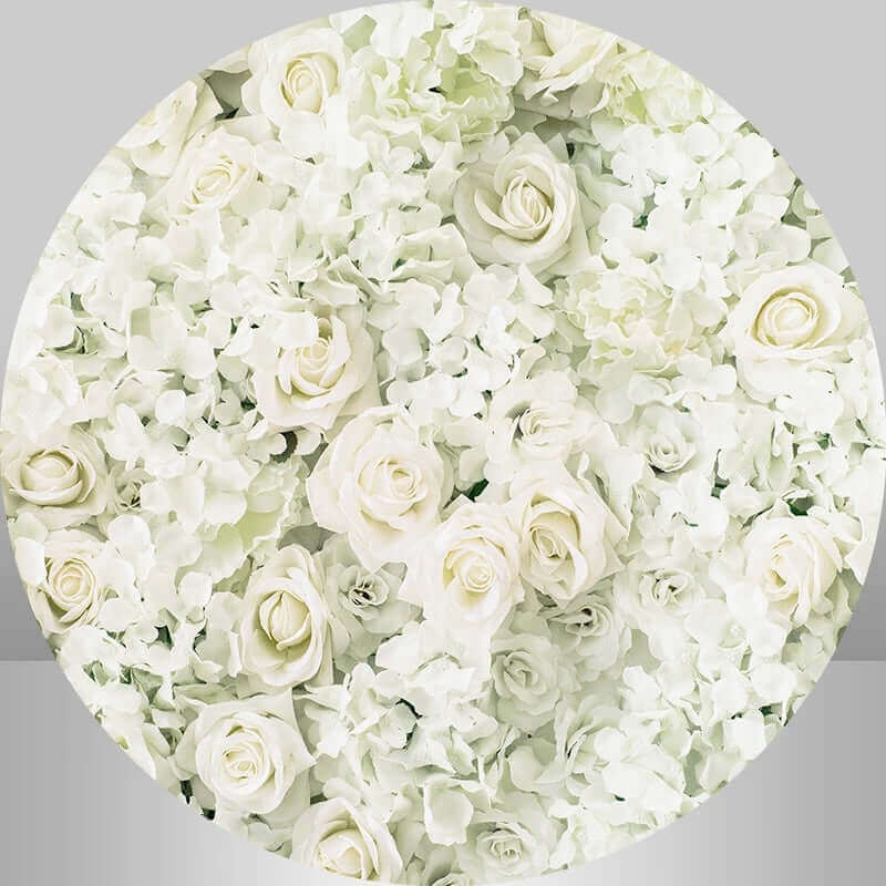 A round backdrop featuring a lush arrangement of white roses and hydrangeas, perfect for weddings, bridal showers, or elegant celebrations.