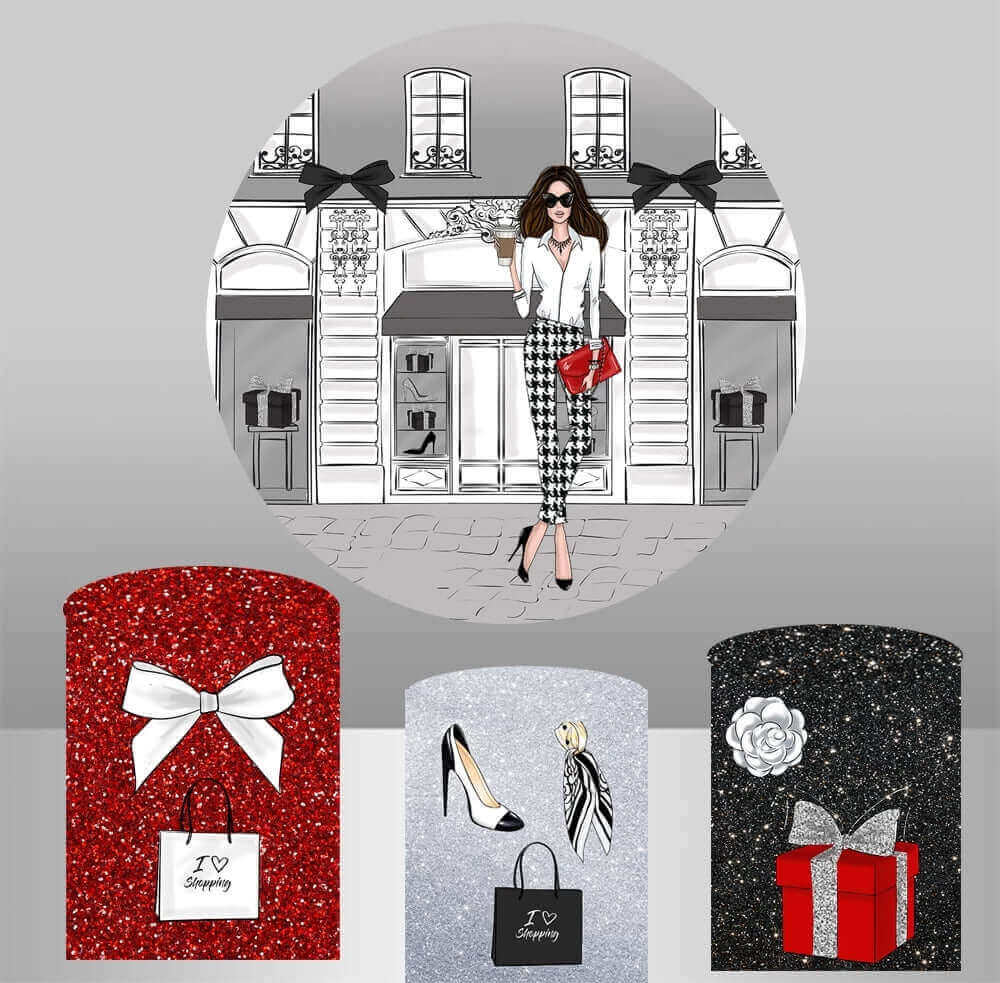 Fashion shopping-themed round backdrop featuring a woman holding a coffee cup and a red handbag, with matching glittery cylinder covers in red, silver, and black, each with shopping-related designs such as bows, high heels, and gift boxes.