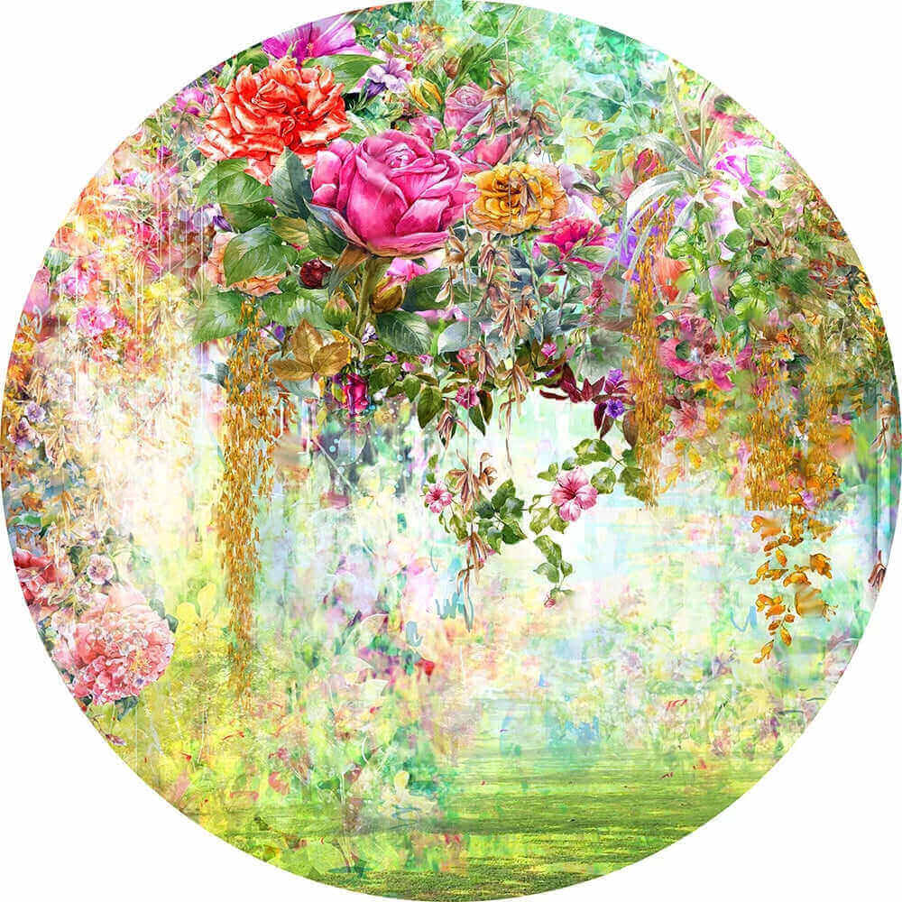 Colorful floral oil painting backdrop with a variety of vibrant flowers, including roses, lilies, and other florals, creating a beautiful and lively scene for events and photoshoots.