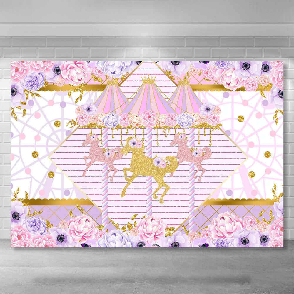 Elegant glitter pink and purple carousel-themed birthday backdrop featuring gold carousel horses, pastel floral accents, and delicate patterns. Perfect for a girl's birthday party or baby shower decoration.