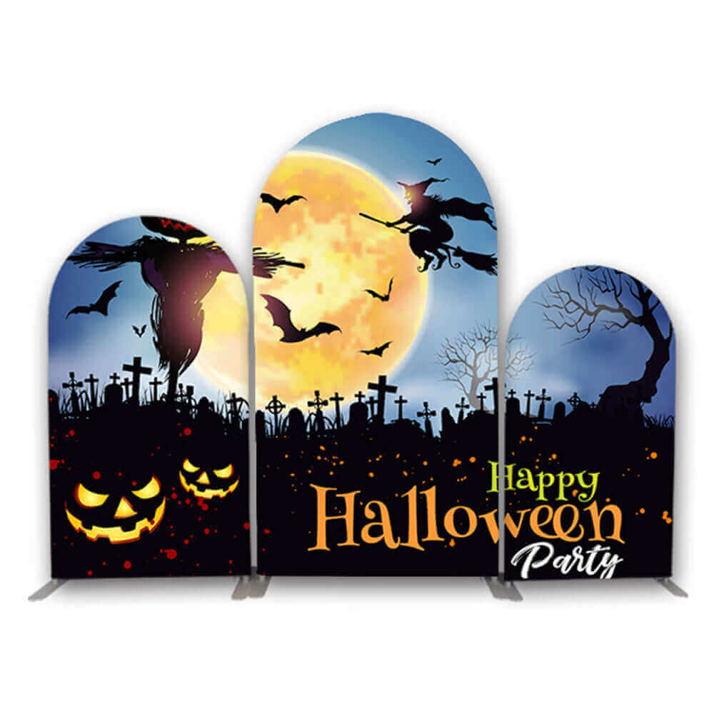 Three-panel Halloween-themed arched backdrop featuring a full moon, a flying witch, glowing pumpkins, bats, and a graveyard silhouette with crosses.