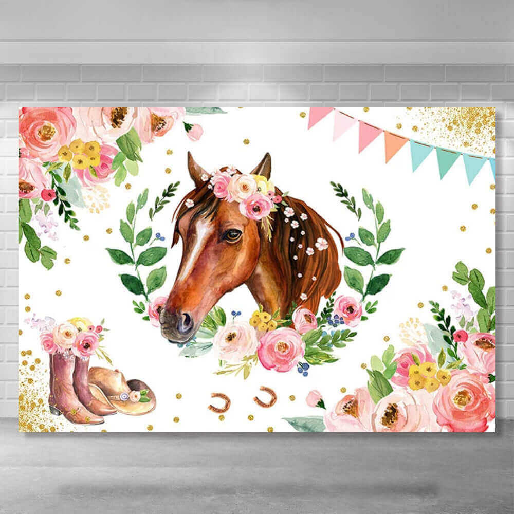 Cowgirl-themed party backdrop featuring a watercolor horse with a flower crown, surrounded by floral garlands, cowboy boots, horseshoes, pastel bunting flags, and greenery, perfect for western-style celebrations.