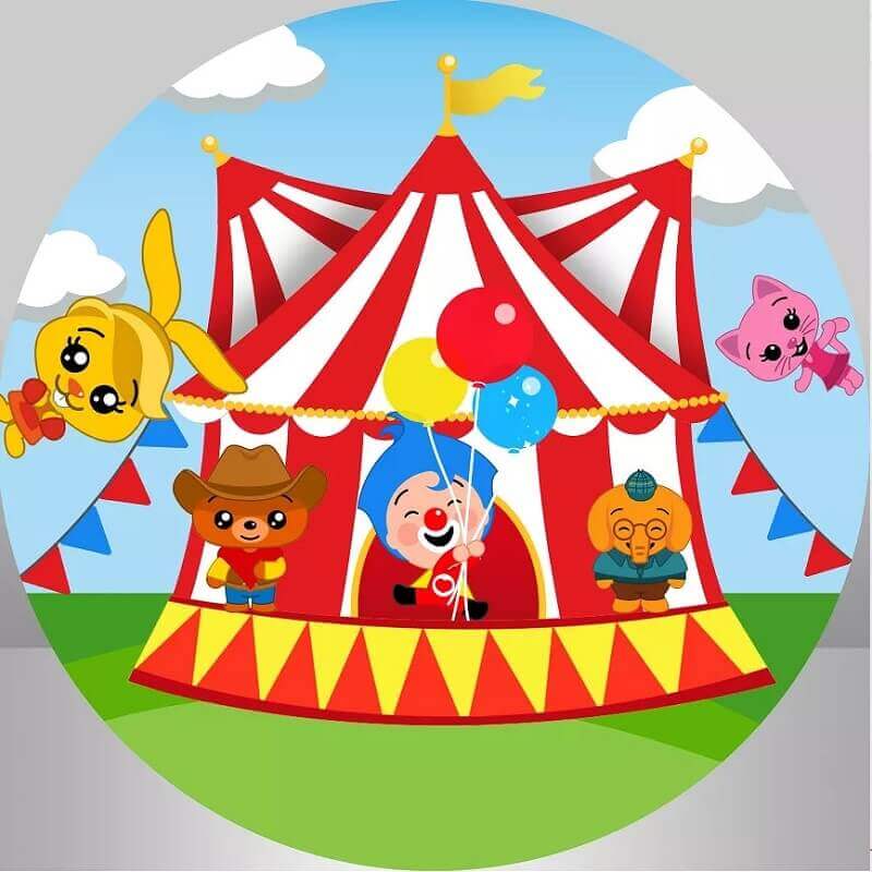 Circus-themed Plim Plim birthday backdrop with a red-and-white tent, colorful flags, and Plim Plim surrounded by his animal friends.