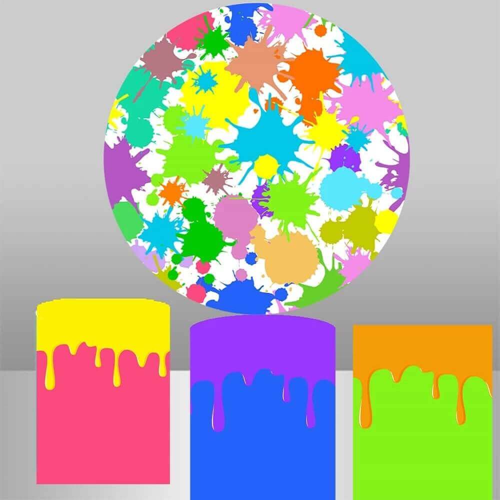 A vibrant and colorful paint splash backdrop set, including a round backdrop with paint splatters and three coordinating cylinder covers with bright, dripping paint effects.