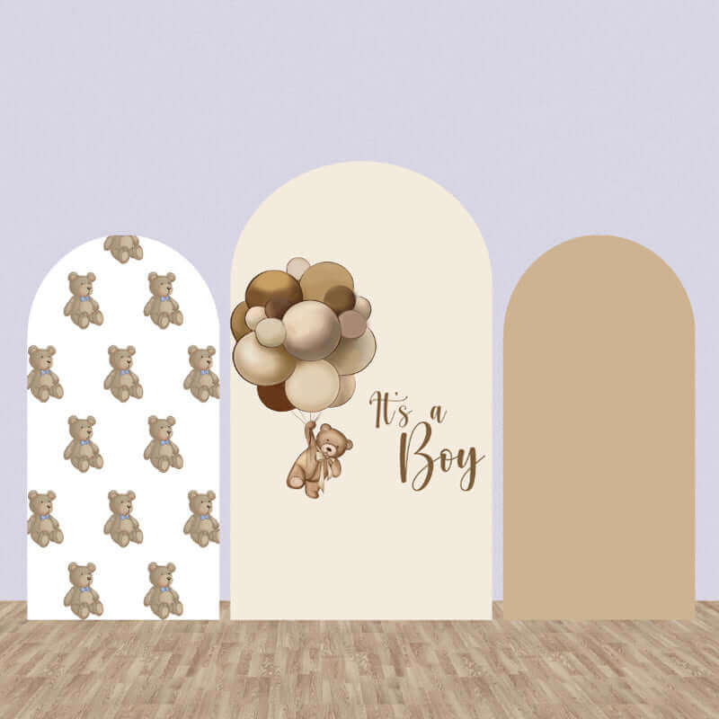 Three-panel arch backdrop set for baby boy celebrations featuring teddy bear patterns, a bear with balloons and 'It’s a Boy' text, and a solid beige panel.