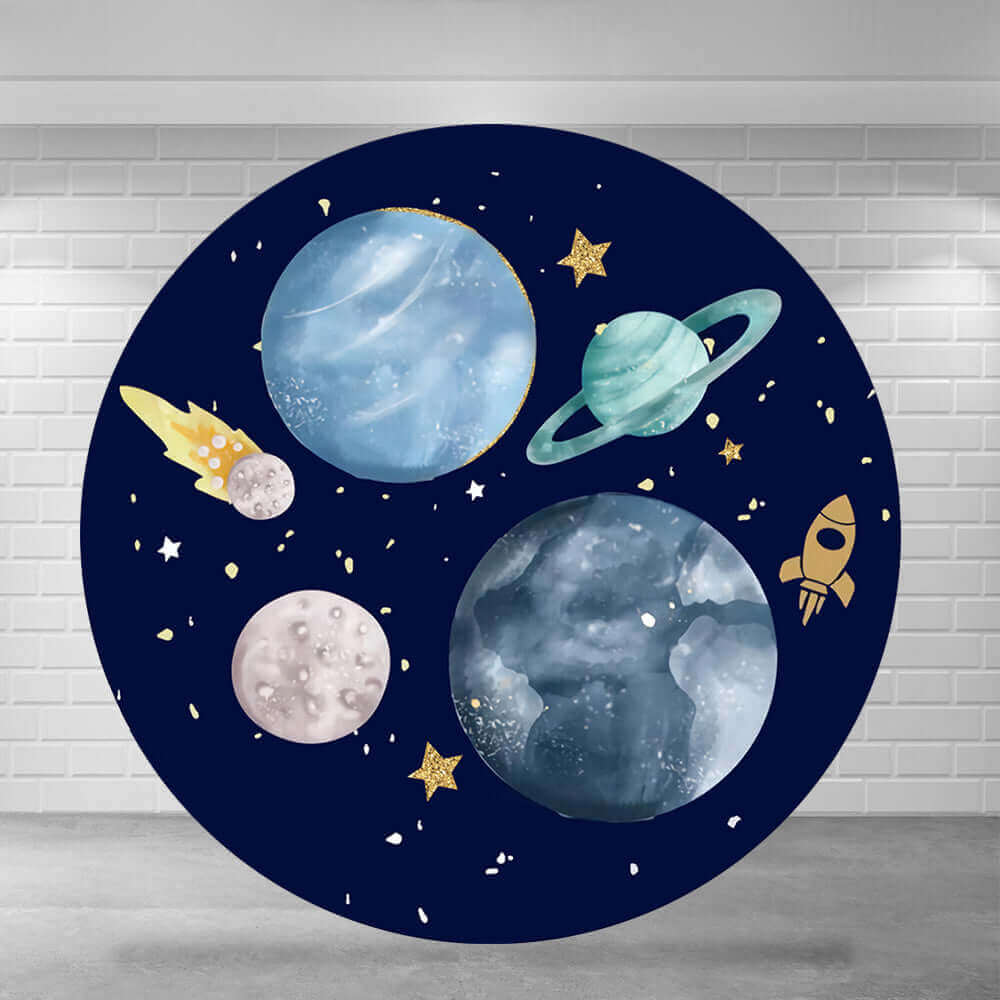 Circular backdrop featuring watercolor-style planets including Earth, Saturn, the Moon, shooting stars, and a rocket, set on a dark blue galaxy background.