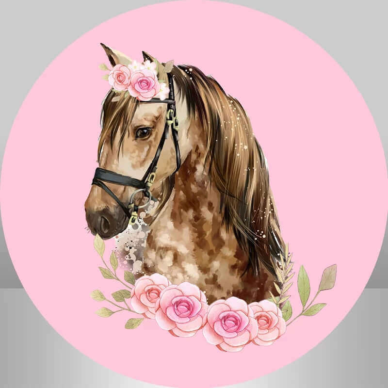 Round pink horse-themed party backdrop with a brown horse wearing a floral crown surrounded by pink roses, perfect for birthdays or baby showers.