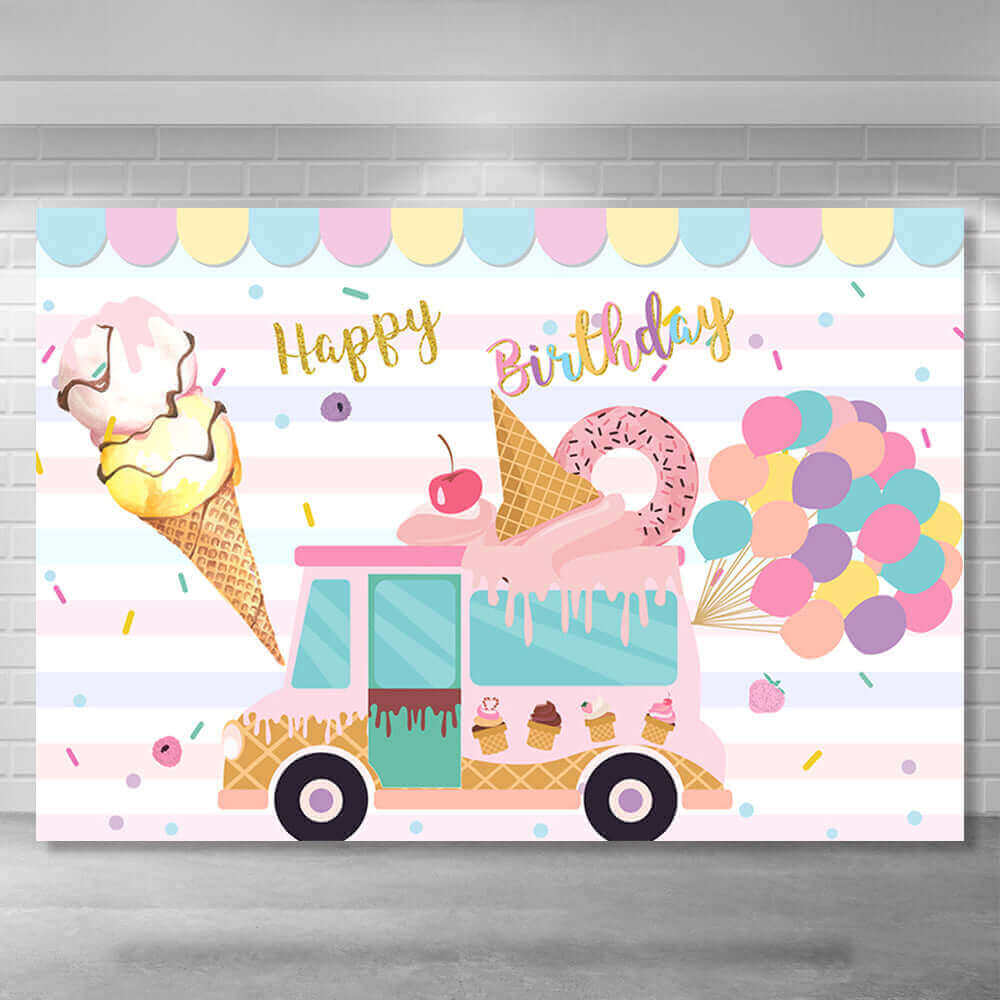Pastel-themed birthday party backdrop featuring a pink ice cream truck with dripping ice cream, donuts, balloons, and a cheerful 'Happy Birthday' text, perfect for kids' parties and dessert table setups.