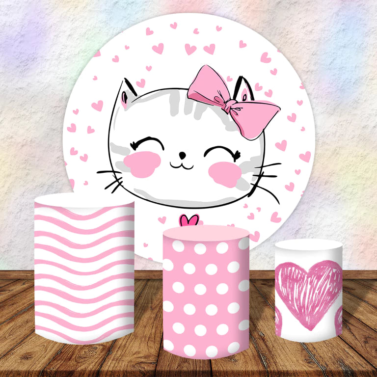 Pink Kitty Cat Hearts Round Backdrop