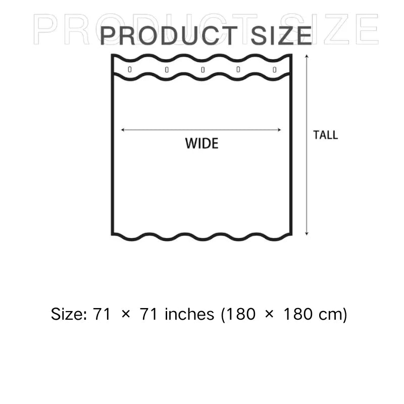 Shower curtain size chart showing six available widths from 100 to 180 cm, each with a height of 180 cm.