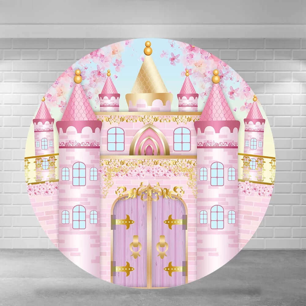 Round princess-themed party backdrop featuring a pink castle with gold accents, floral details, and dreamy design elements.