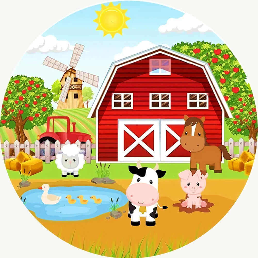 Round farm-themed party backdrop featuring a red barn, a windmill, tractor, apple trees, and cute farm animals like a cow, pig, sheep, and horse.