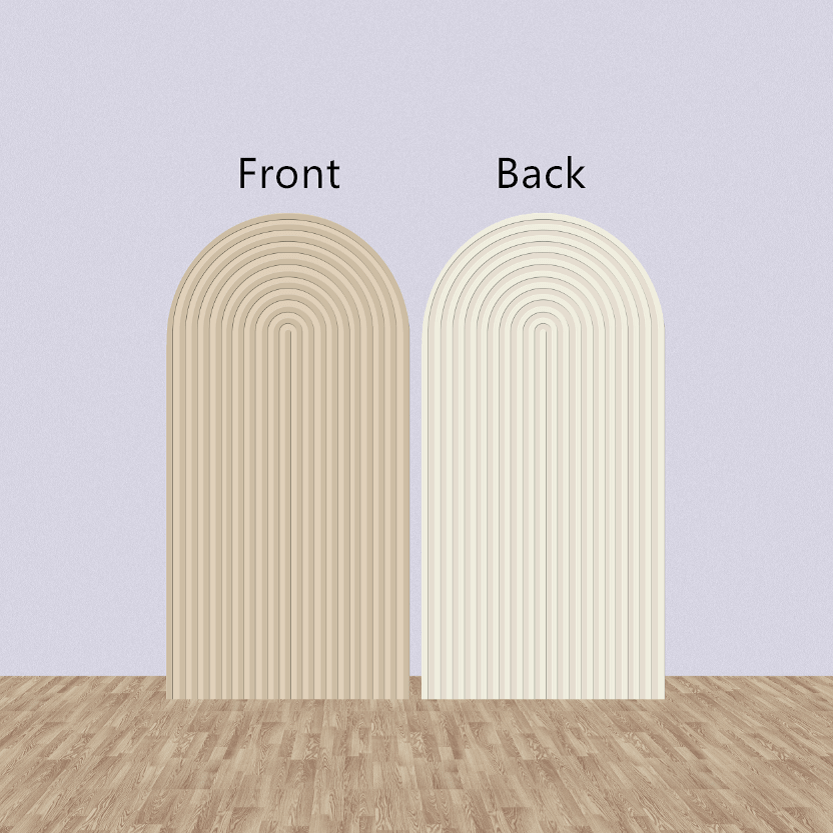 Two groovy arched backdrops with layered designs displayed side by side on a wooden floor. The left backdrop is beige and labeled "Front," while the right backdrop is off-white and labeled "Back."