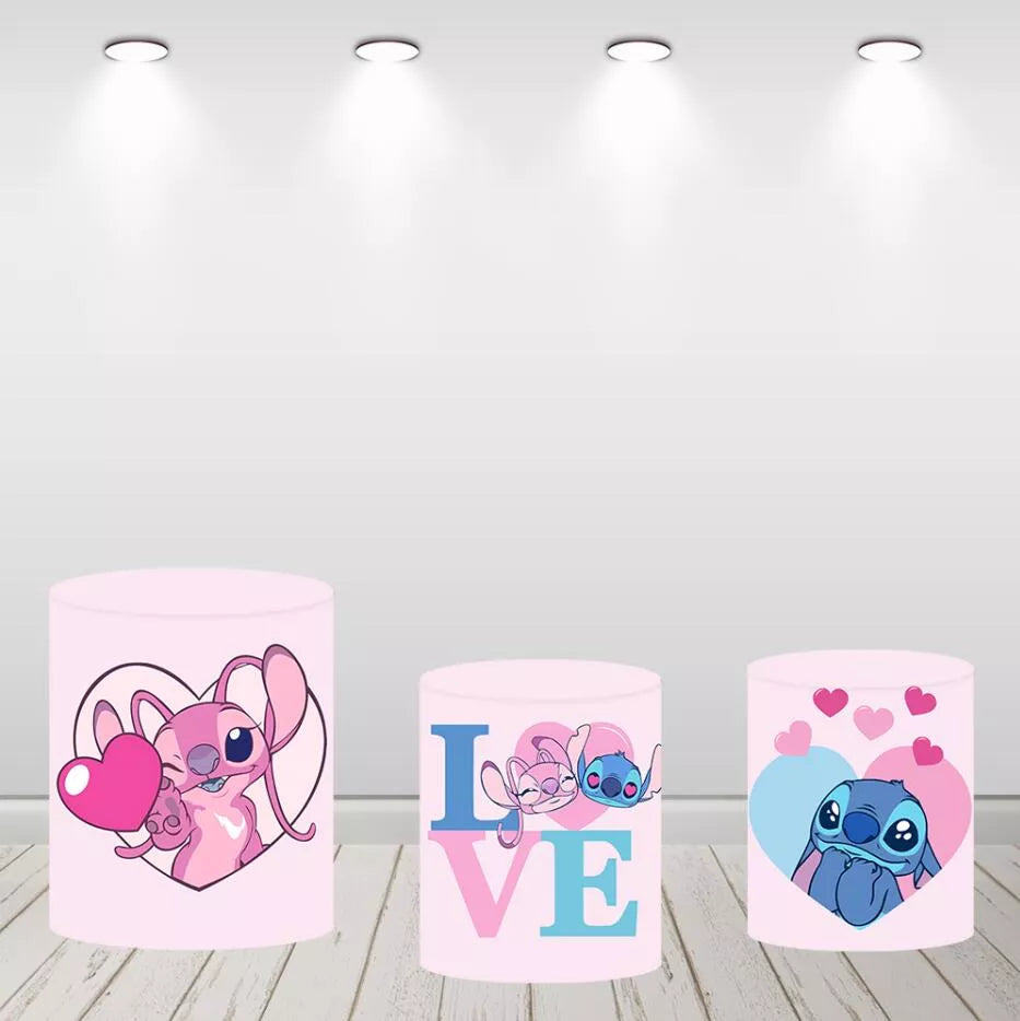Stitch and Angel Love Round Backdrop Pink Heart Party Decor Birthday Banner