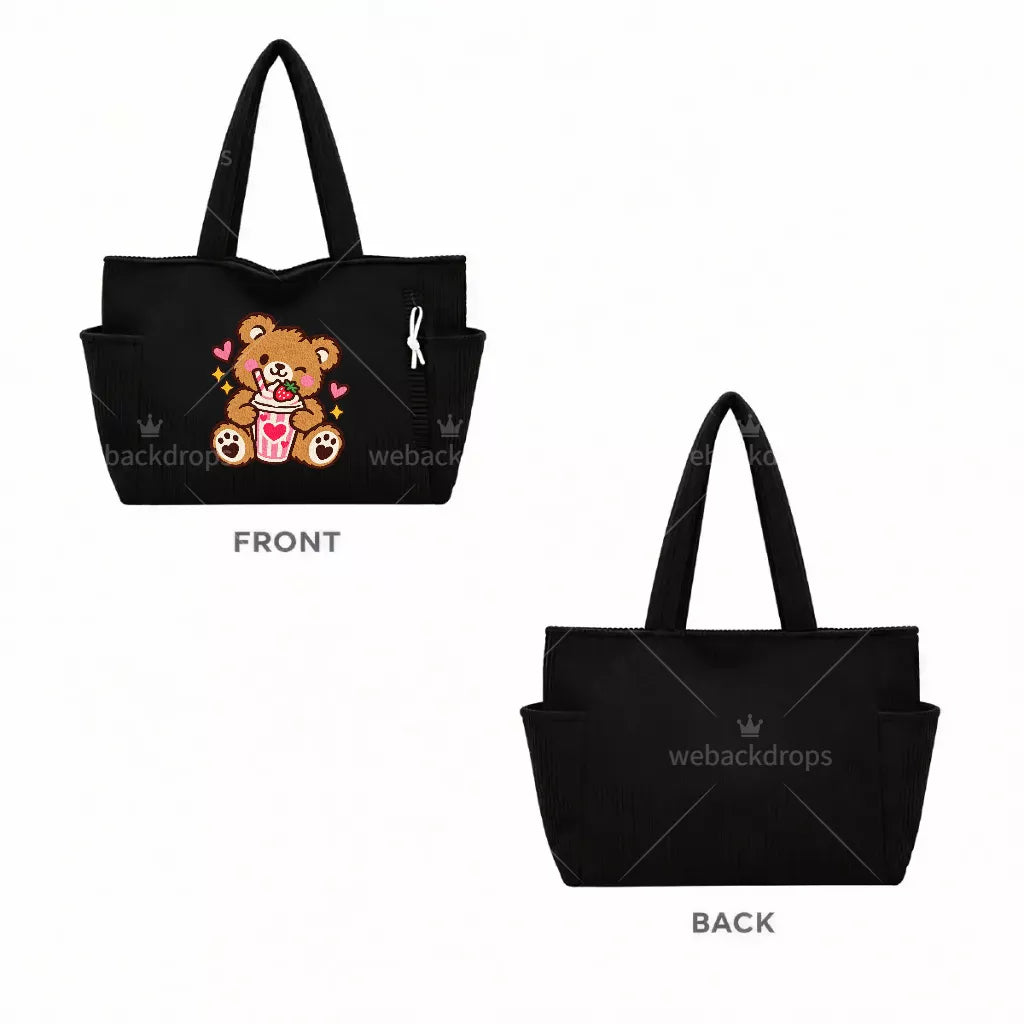 Cute Teddy Bear Strawberry Milkshake Embroidered Corduroy Tote Bag