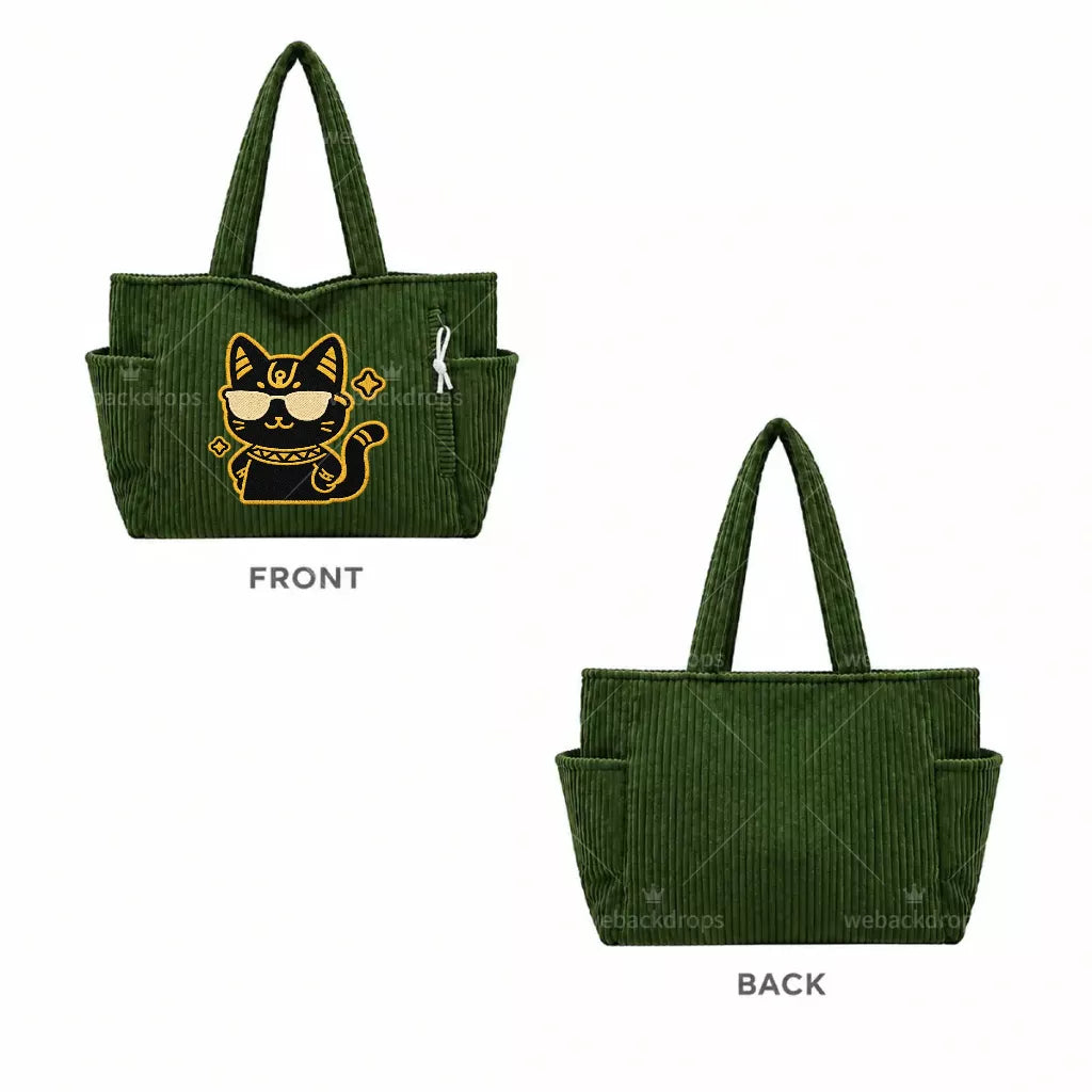 Cool Black Cat Embroidered Green Corduroy Tote Bag