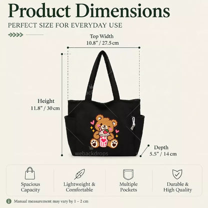 Cute Teddy Bear Strawberry Milkshake Embroidered Corduroy Tote Bag