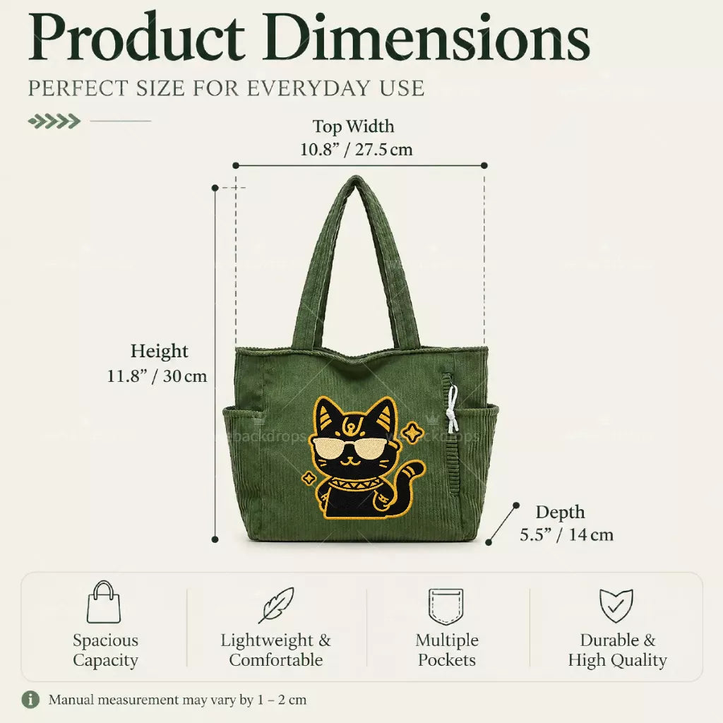 Cool Black Cat Embroidered Green Corduroy Tote Bag
