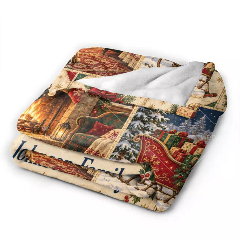 Personalized Christmas Storybook Patchwork Blanket – Family Name