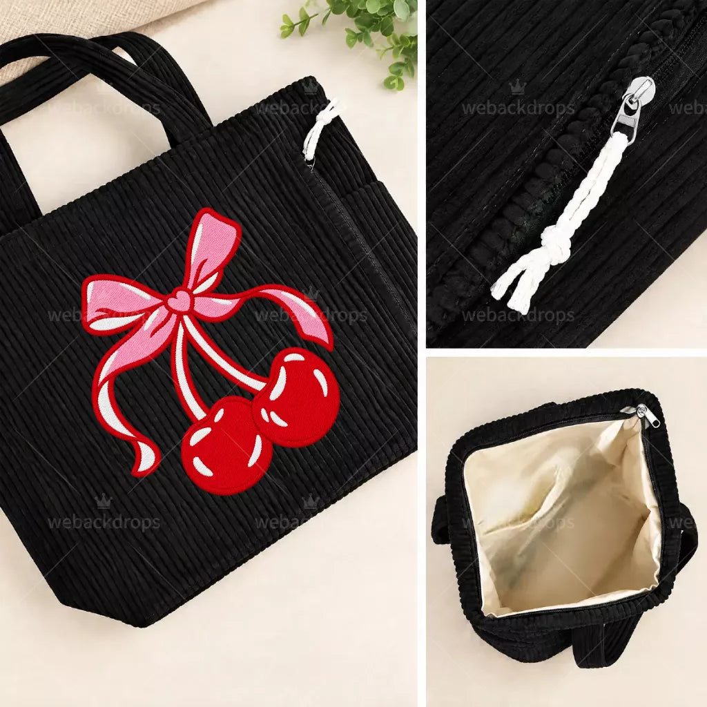 Custom Design Embroidered Corduroy Tote Bag with Side Pockets