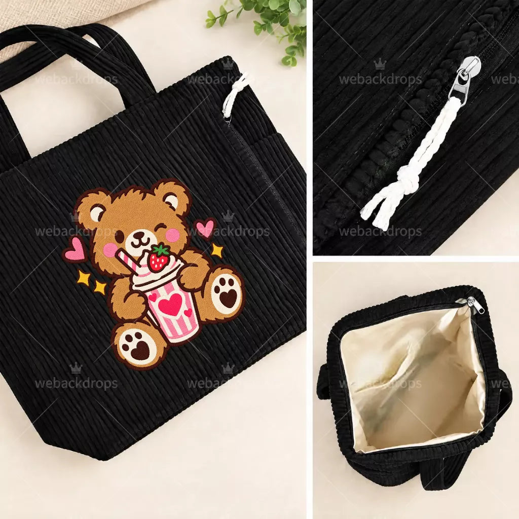 Cute Teddy Bear Strawberry Milkshake Embroidered Corduroy Tote Bag