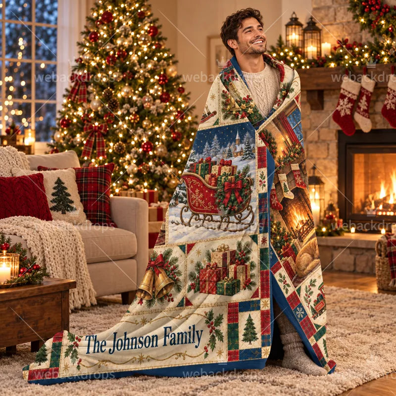 Personalized Christmas Storybook Patchwork Blanket – Family Name