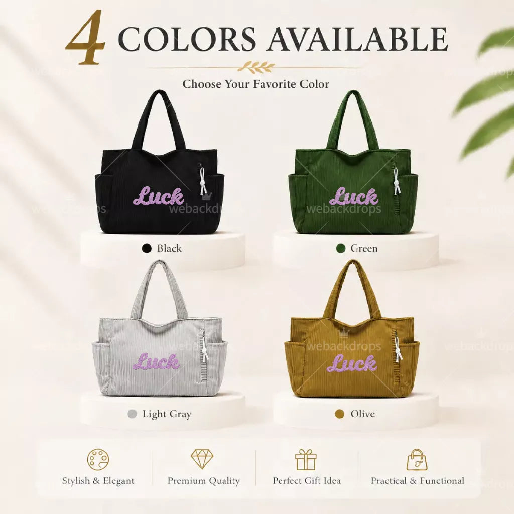 Personalized Embroidered Corduroy Tote Bag with Side Pockets