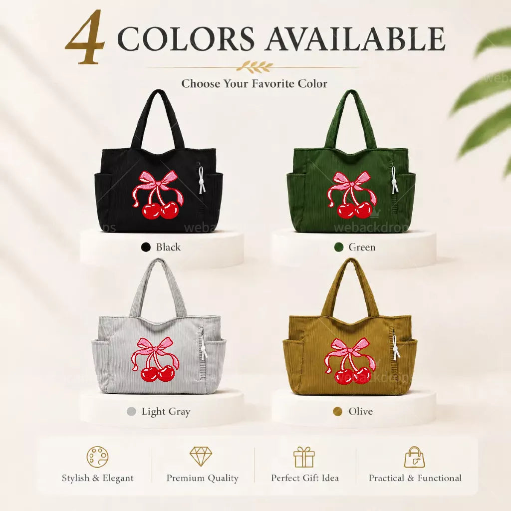 Custom Design Embroidered Corduroy Tote Bag with Side Pockets