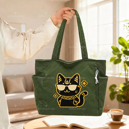 Cool Black Cat Embroidered Green Corduroy Tote Bag