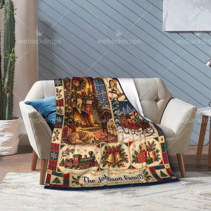 Personalized Christmas Storybook Patchwork Blanket – Family Name