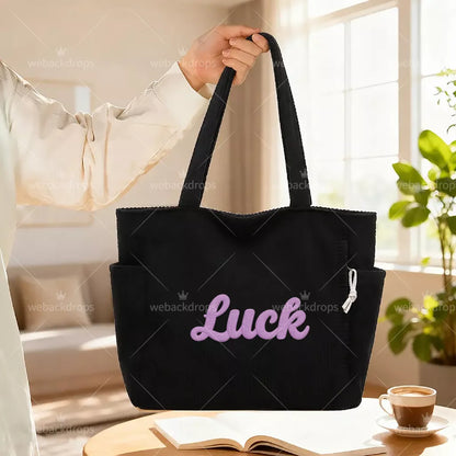 Personalized Embroidered Corduroy Tote Bag with Side Pockets