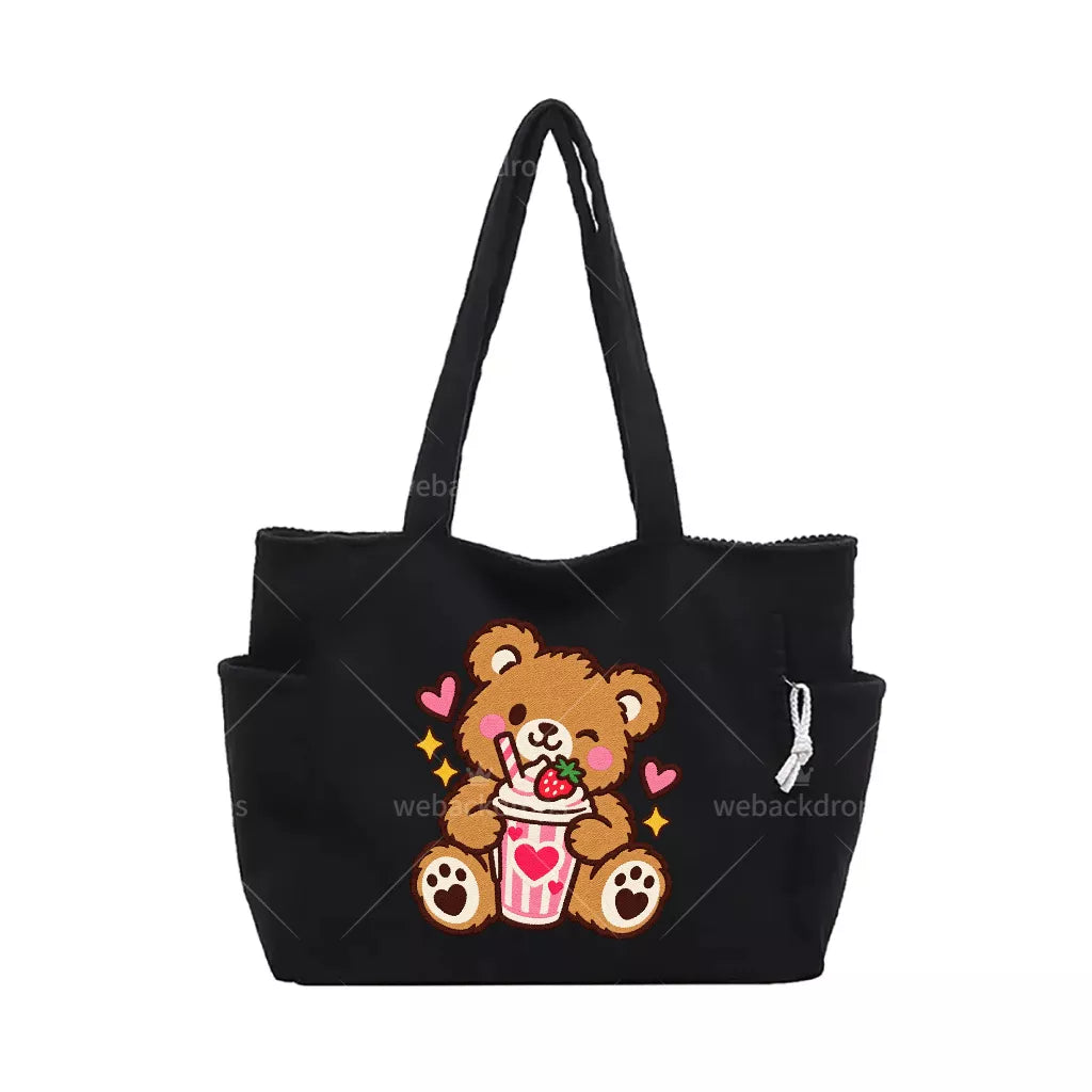 Cute Teddy Bear Strawberry Milkshake Embroidered Corduroy Tote Bag