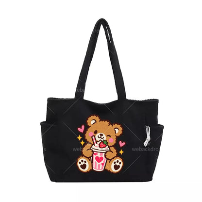 Cute Teddy Bear Strawberry Milkshake Embroidered Corduroy Tote Bag