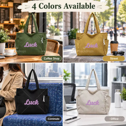 Personalized Embroidered Corduroy Tote Bag with Side Pockets