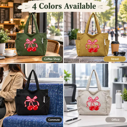 Custom Design Embroidered Corduroy Tote Bag with Side Pockets