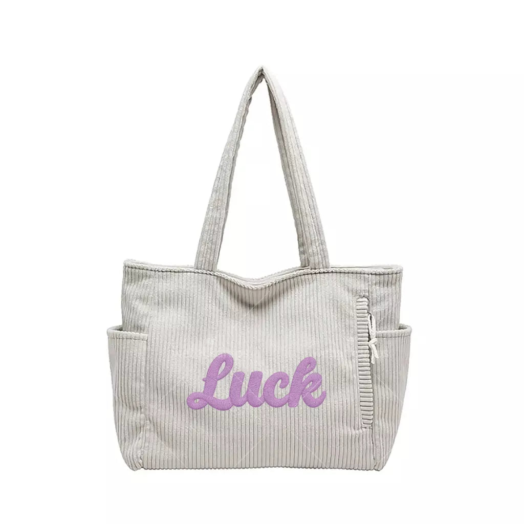 Personalized Embroidered Corduroy Tote Bag with Side Pockets