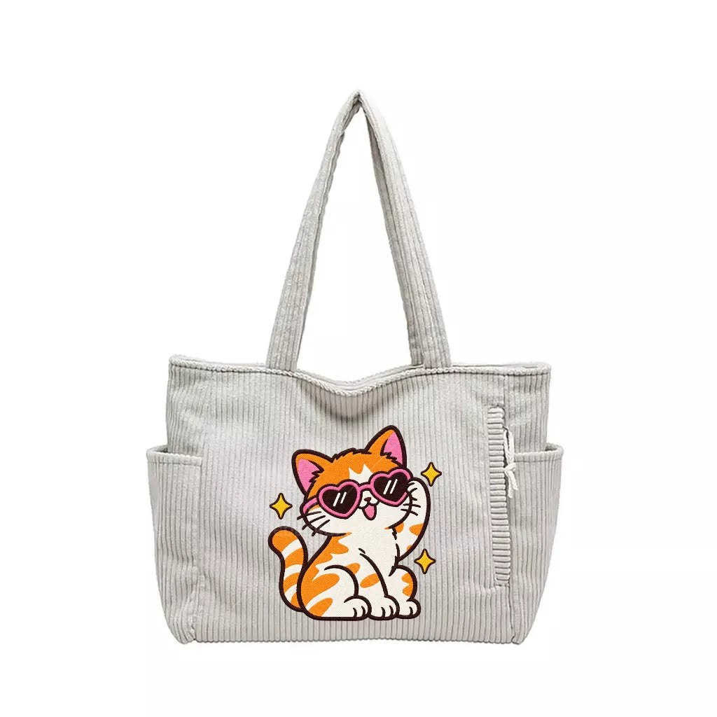 Custom Design Embroidered Corduroy Tote Bag with Side Pockets