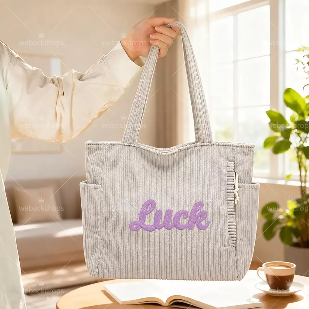Personalized Embroidered Corduroy Tote Bag with Side Pockets