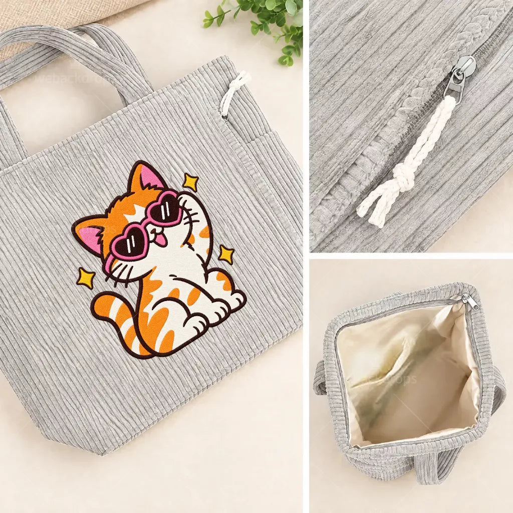 Custom Design Embroidered Corduroy Tote Bag with Side Pockets