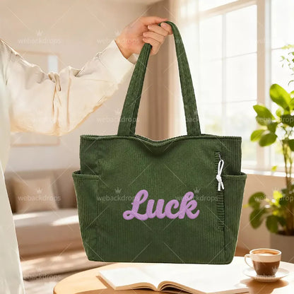 Personalized Embroidered Corduroy Tote Bag with Side Pockets