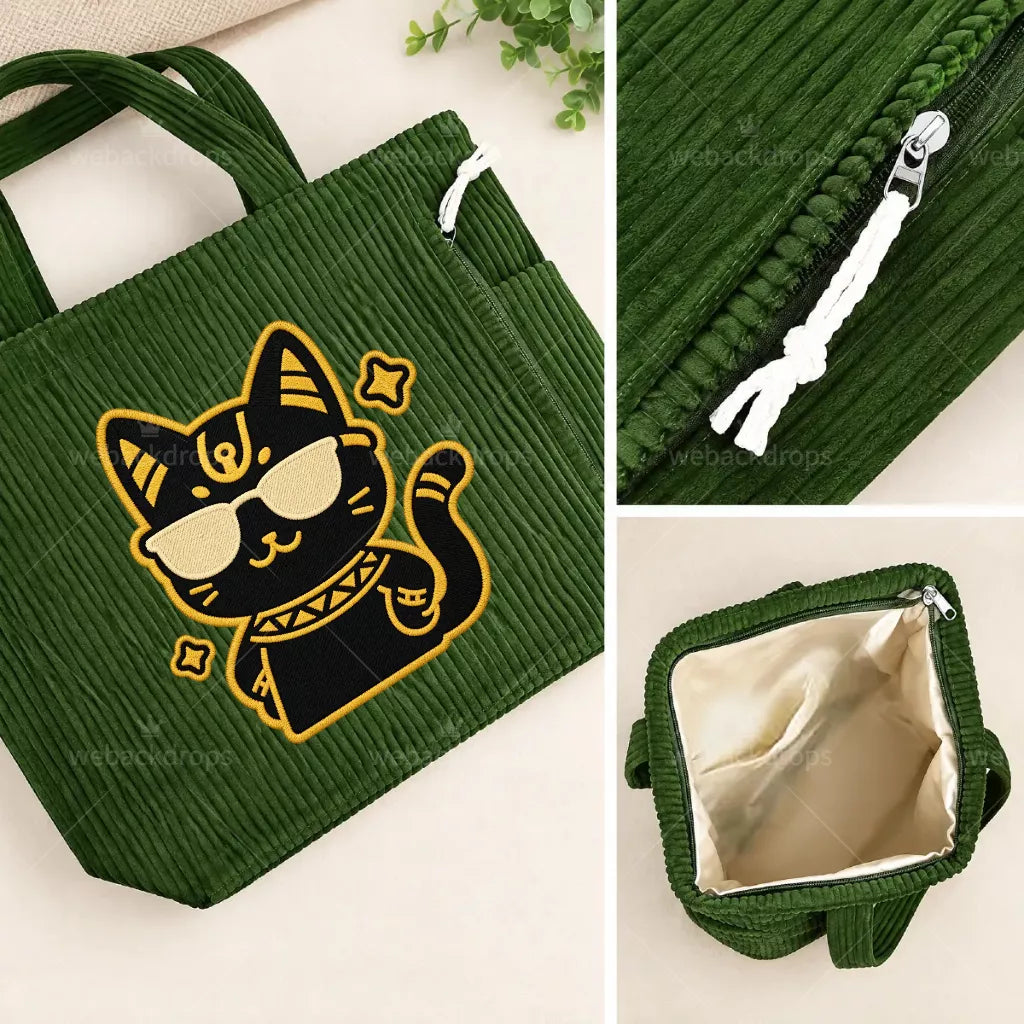 Custom Design Embroidered Corduroy Tote Bag with Side Pockets