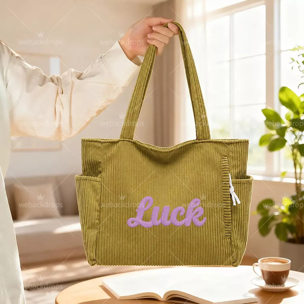 Personalized Embroidered Corduroy Tote Bag with Side Pockets