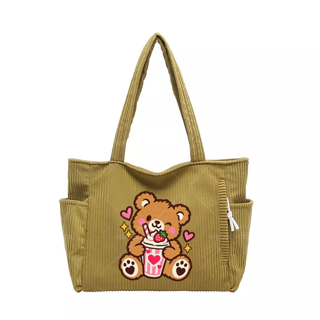 Custom Design Embroidered Corduroy Tote Bag with Side Pockets