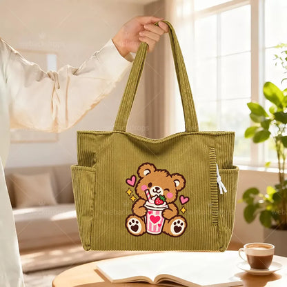 Custom Design Embroidered Corduroy Tote Bag with Side Pockets
